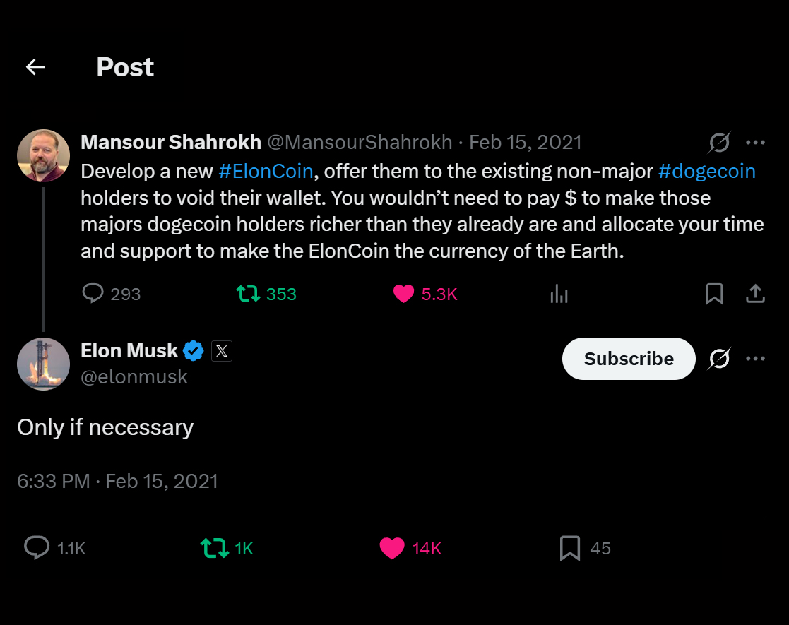 Elon Musk replying “Only if necessary” to a post proposing ElonCoin